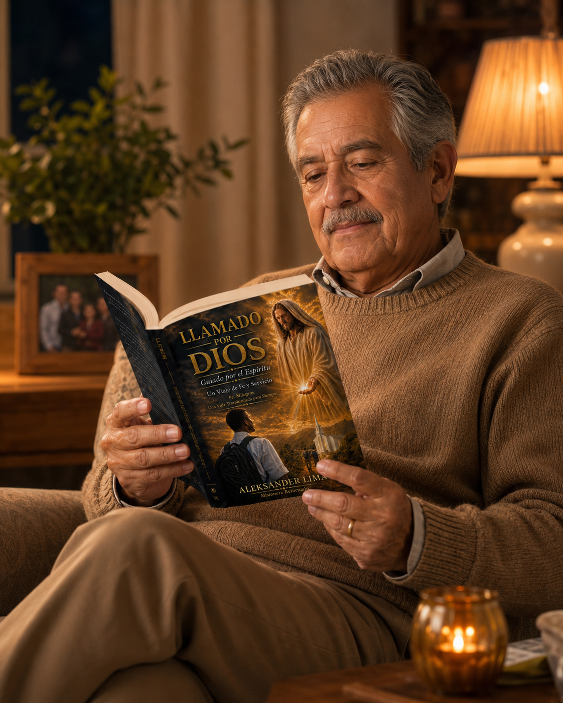 Lector mayor leyendo Llamado por Dios en el sofá de casa