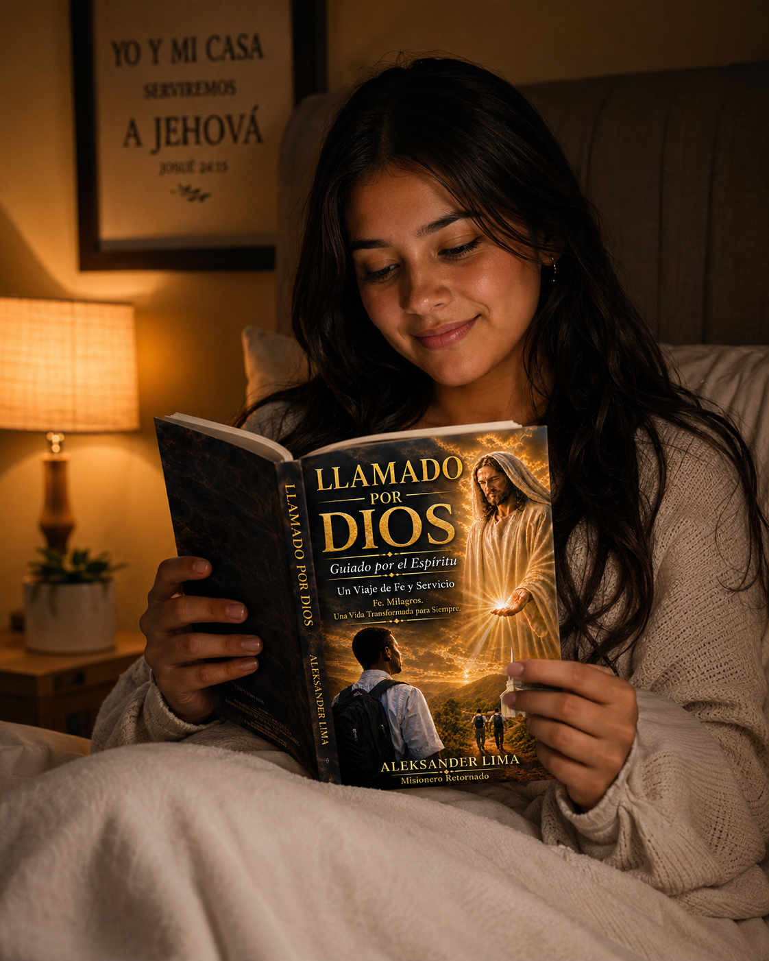 Joven leyendo Llamado por Dios en la cama por la noche