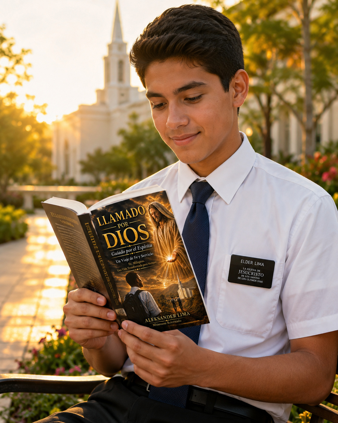Joven misionero leyendo Llamado por Dios cerca del templo