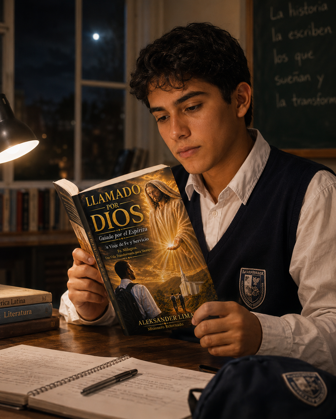 Joven leyendo Llamado por Dios en su escritorio de estudio